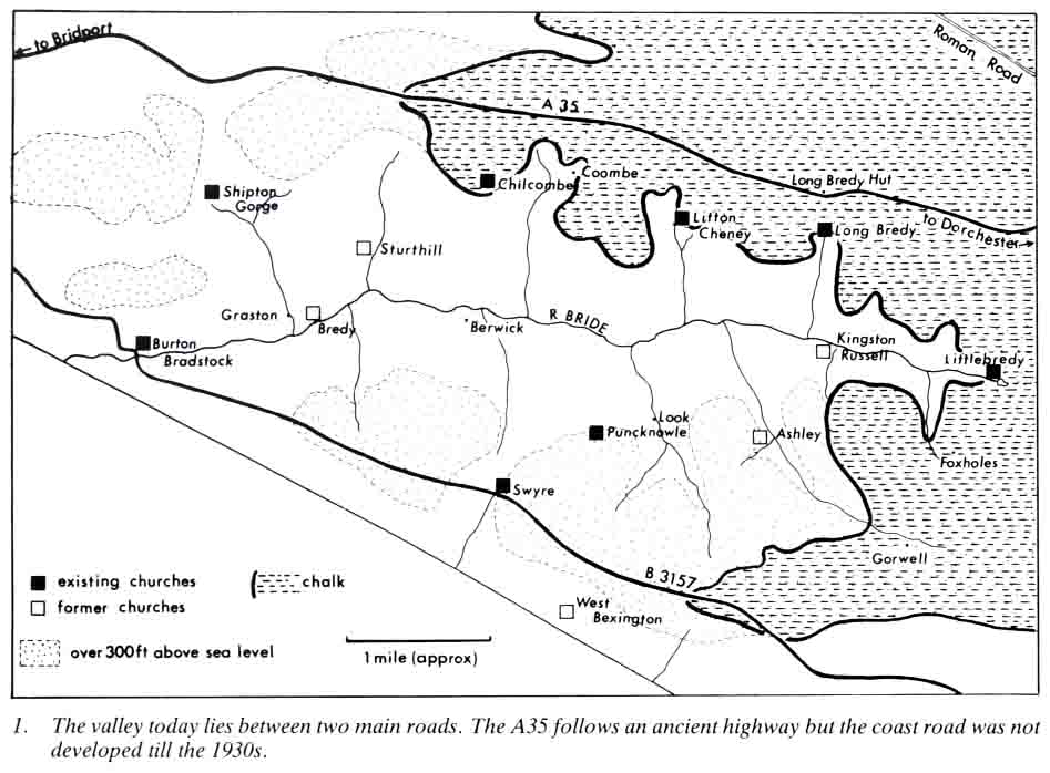 The valley today. A35 follows an ancient highway but the coast road was not developed until the 1930's.